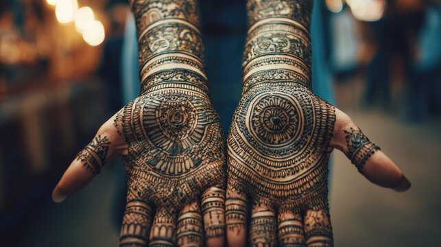 Symmetrical dark body art patterns cover the palms and forearms of an individual.