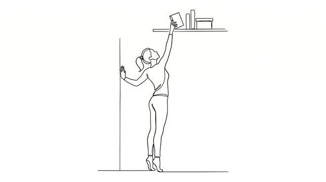 Continuous line drawing of woman installing shelf