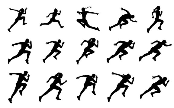 sprinting people athlete running and athletics pose silhouettes set