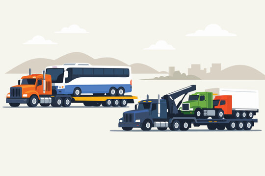 Heavy duty tractors transporting a bus and trucks in a flat vector illustration. Industrial towing and logistics concept featuring powerful machinery moving large vehicles on a white background.