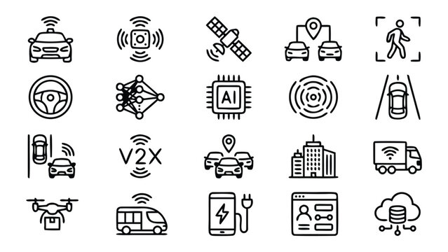 Large collection of 20 minimalist autonomous car and self-driving vehicle line icons featuring artificial intelligence, machine learning, safety sensors, and connected transport symbols.