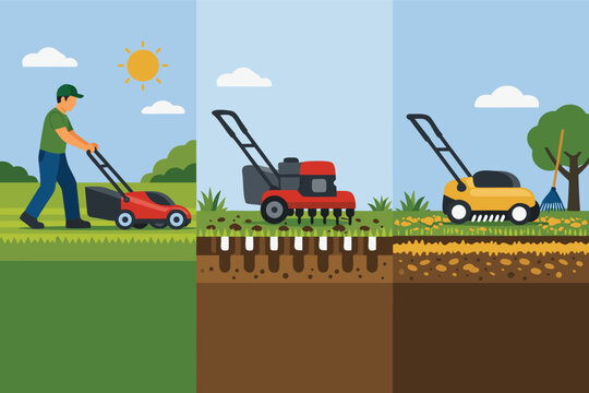 Professional lawn care illustration showing grass mowing, aeration, and scarification processes. Simple flat vector design for landscaping services, gardening maintenance, and outdoor work.
