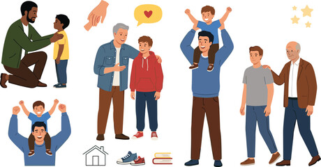 Fototapeta premium Diverse Multi Generational Fathers Grandfathers And Sons Vector Character Set Featuring Men Carrying Kids On Shoulders Talking And Walking Together