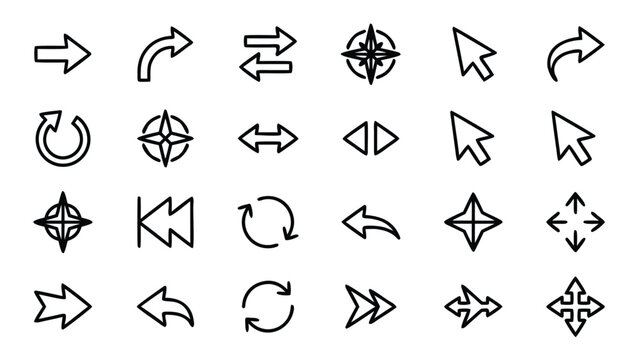 Comprehensive set of 16 minimalist arrow and direction pointer line icons, featuring uniform stroke width and organized grid layout for clean UI design, navigation, and wayfinding vector art.