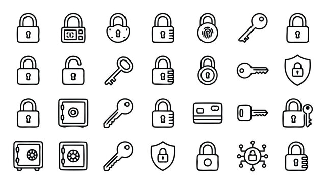 Essential set of 20 lock and key security line icons, presented in minimalist vector style with uniform stroke width and organized grid layout for protection, privacy, and safety applications.