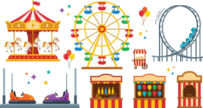 Amusement Park Attractions And Carnival Games Vector Icon Set Featuring Ferris Wheel Carousel Roller Coaster Bumper Cars And Food Booths