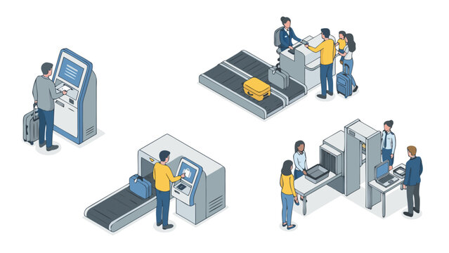 Set of isometric vector illustrations showing airport check-in scenes, including passengers with luggage at the counter, security check, boarding gate, and travel preparation on white background.