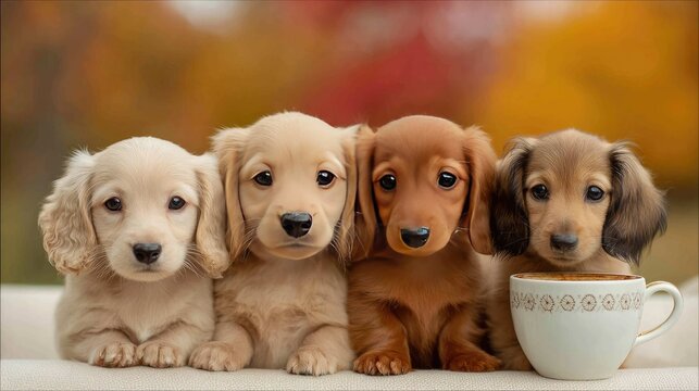 Adorable Group of Four Puppy Dachshunds with Different Coat Colors Sitting Together with a Coffee Cup in Autumn Background