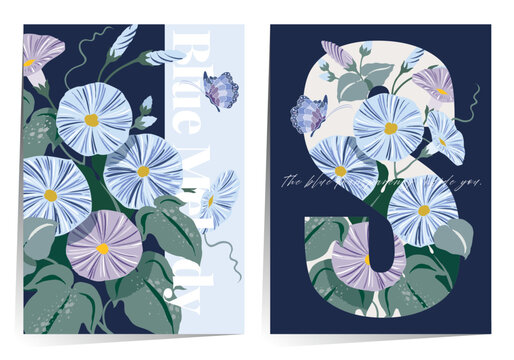 Summer Morning Glory Vector Illustration Template Set, Cool and Refreshing Floral Background