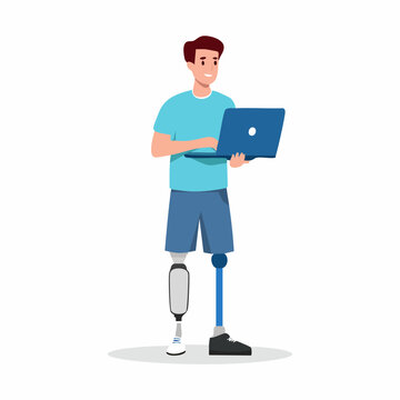 Man with prosthetic legs using a laptop