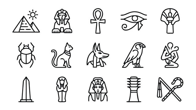 Minimalist Egyptian Mythology and Ancient Pyramid Line Icon Set Featuring Ankh, Eye of Horus, Sphinx, and Pharaoh Symbols with Uniform Stroke Width for History and Educational Graphic Designs.