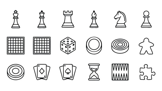 Large set of 16 classic chess piece and board game line icons in minimalist vector style with uniform stroke width and an organized grid layout including king queen knight rook pawn and board.
