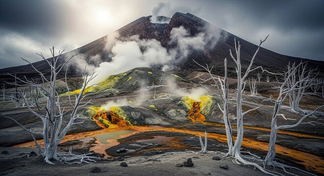 Volcanic Landscape with Smoking Mountain and Dead Trees.