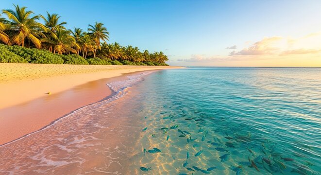Tropical Beach Paradise with Palm Trees and Crystal Clear Water.