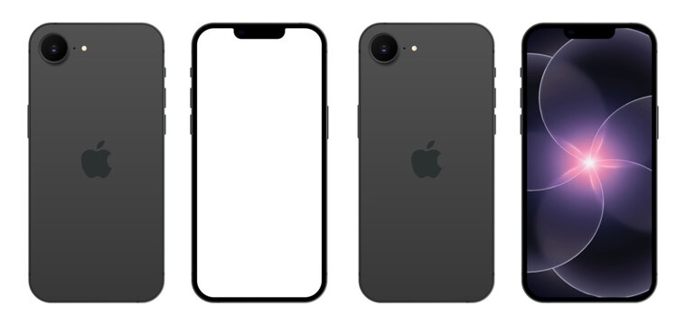 Set of Smart phone Apple iPhone 17e in different sides, in official black color, on white background. Realistic vector illustration