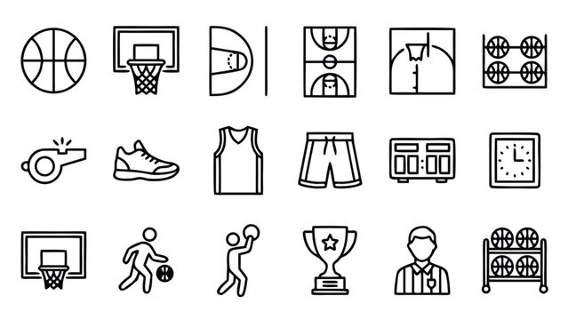 Professional set of sixteen minimalist basketball and sport court line icons featuring hoops balls jerseys whistles and game layouts for athletic tournament and team branding applications.