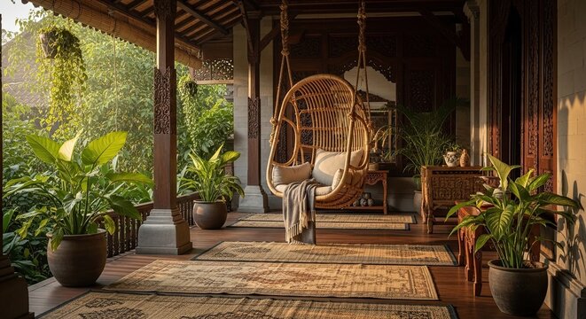 Serene Balinese Veranda with Hanging Chair and Lush Greenery.