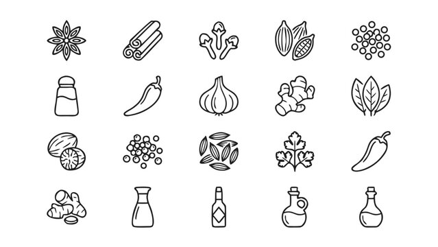 Vector icon set of twenty assorted spices and condiments in a consistent thin line stroke style; highly detailed culinary symbols for cooking, kitchen, recipe books, and restaurant menus.