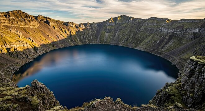Majestic Volcanic Crater Lake Reflecting the Sky.
