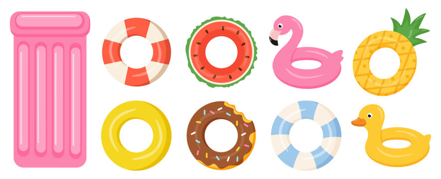 Summer pool float clipart set in cute flat cartoon style for beach party, stickers and summer design