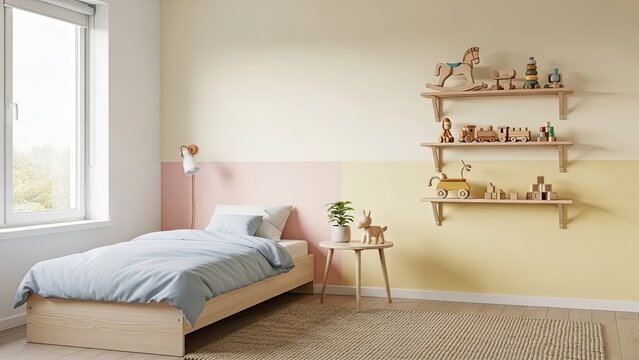 Cozy Childrens Bedroom with Wooden Toys on Shelves.