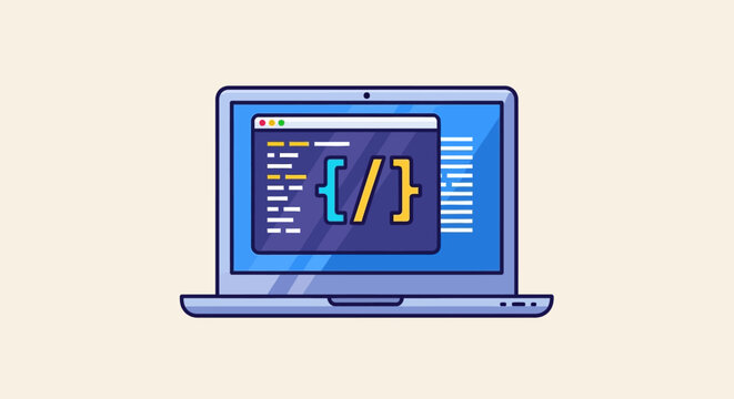 Laptop computer showing code editor interface with programming syntax