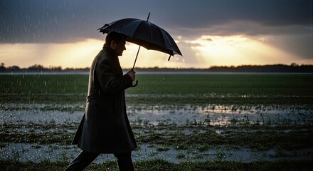 Fototapeta premium Man Walking in Rain with Umbrella Across Flooded Field at Dusk.