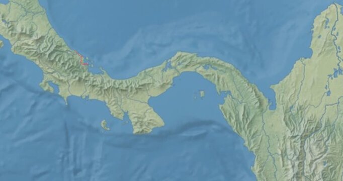 Panama on Globe. Zoom into the country with Earth spinning on dark background. Physical world map with Panama and label on it. Country view animation.