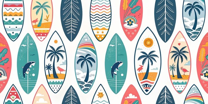 seamless pattern of set of wooden surfing boards
