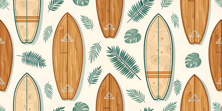 seamless pattern of set of wooden surfing boards