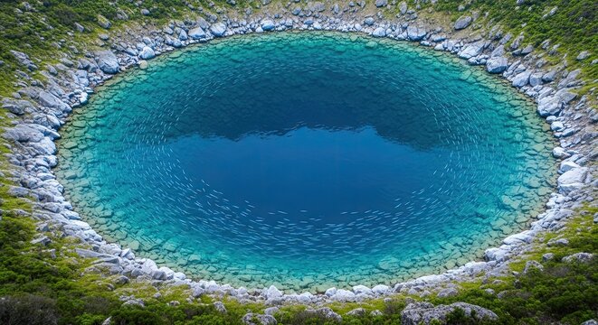 Stunning Aerial View of a Pristine Blue Crater Lake Surrounded by Lush Greenery.
