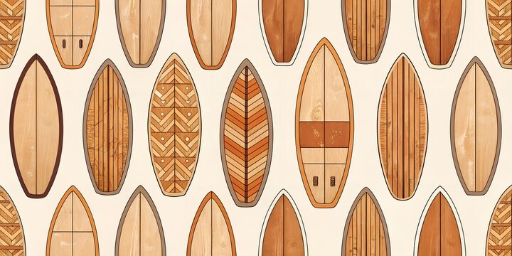 seamless pattern of set of wooden surfing boards