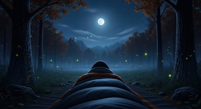 Enchanting Moonlit Forest Scene with Glowing Fireflies.