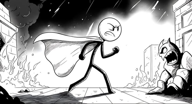 Comic style illustration of a superhero confronting an adversary in crisis