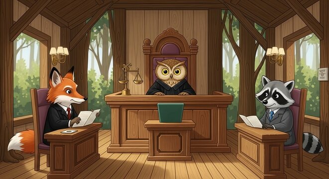 Anthropomorphic Animals in a Courtroom Setting with Owl Judge.