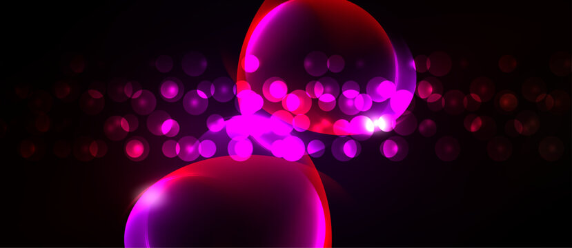 Bright pink, red orbs float against dark background. Bokeh effects create glowing, abstract composition. Vivid colors dominate scene.