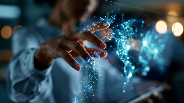 Faceless professional touching a transparent screen with a world map and data nodes, blue-lit contemporary workspace, augmented reality, global analytics, business technology, digital