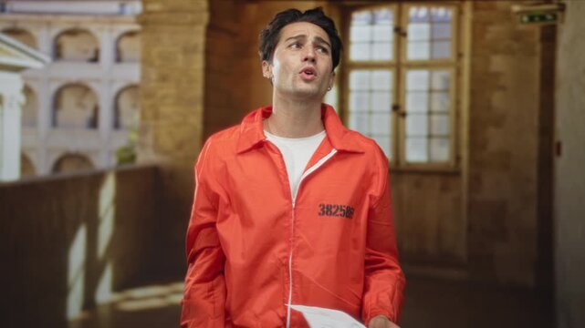 Man in orange inmate jumpsuit scratches his head and holds a paper sheet in a dilapidated building; reflection anxiety.