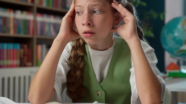 Worried little Caucasian child kid girl teen reading book bad result at school daughter schoolgirl pupil preparing for exam hard test read study learn troubled cognition education difficult studying