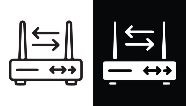 Network Router Icons: Two stylized icons of a network router, one on a black background and one on a white background, illustrating data flow with bidirectional arrows.