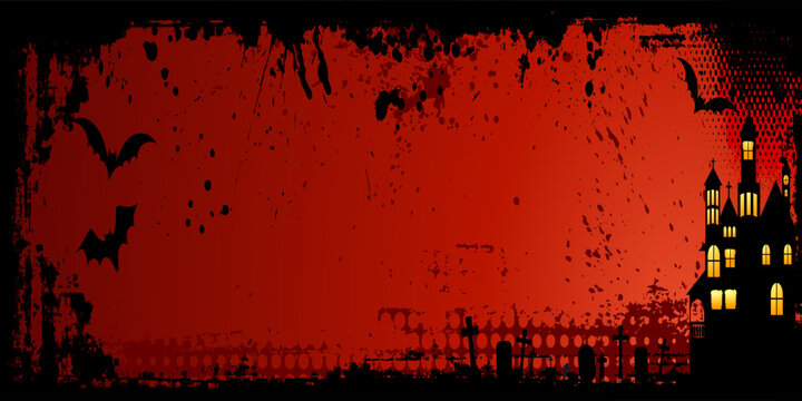 Creepy Grunge Halloween Horror Background with Haunted Mansion, Graveyard, Bats, and Text
