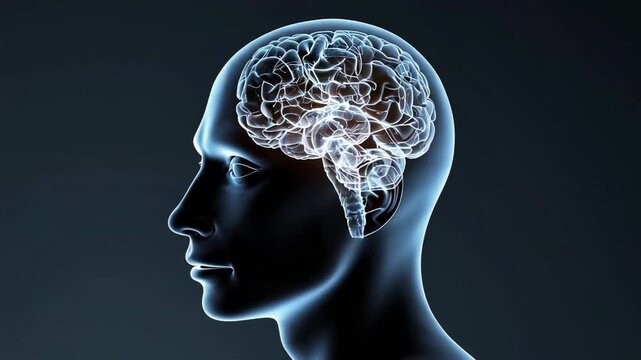Neural network visualization revealing dynamic brain activity, gradually highlighting interconnected regions within human head profile against dark background