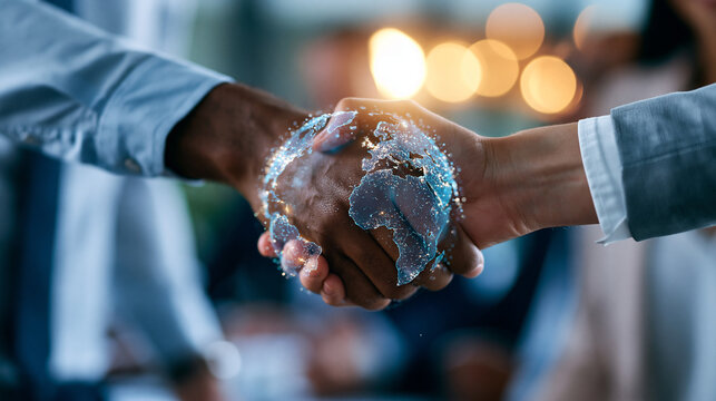 Faceless business meeting with two hands shaking and a globe overlay between them, no visible faces, soft corporate lighting, international collaboration, global partnership, unity,