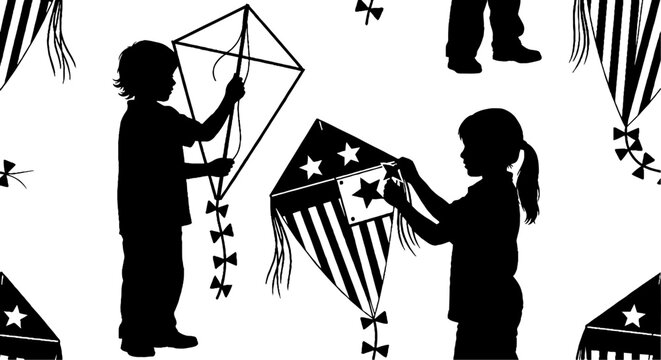 Children preparing kites for flying silhouette pattern