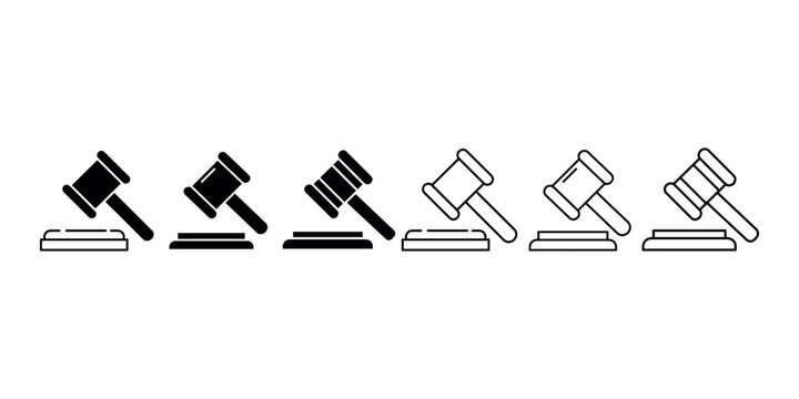 Legal gavel and auction hammer icon set in solid and outline styles representing justice law courtroom authority judgement bidding and legal proceedings.