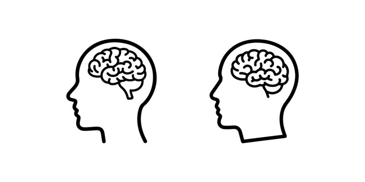 Human head with brain icons set black and white outline simple flat design illustration graphic mind intellect thinking intelligence psychology education concept.