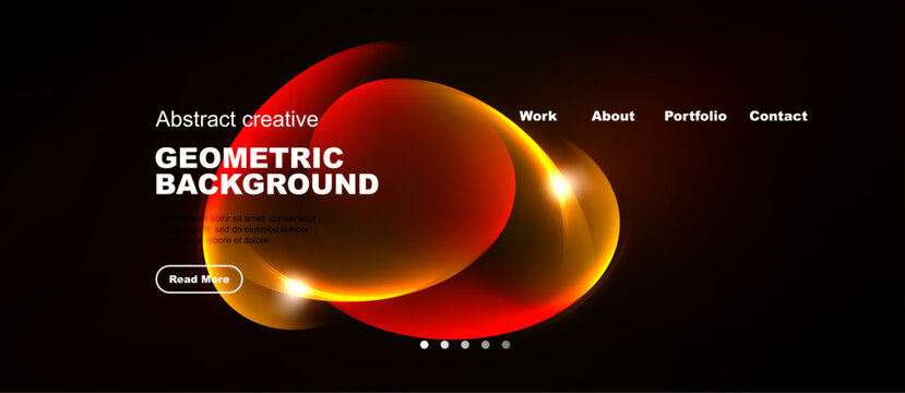 Dark website design features vibrant red geometric shapes. Navigation includes work, about, portfolio, contact options. Read more button visible.