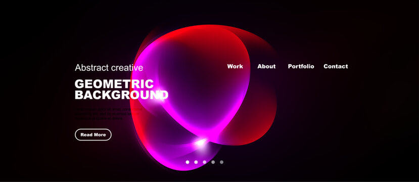 Dark background features vibrant abstract shapes, text elements, navigation options, plus button for more information. Modern design.