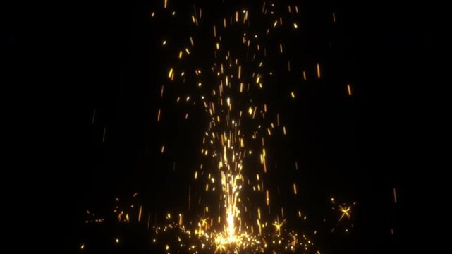Golden sparks erupting upwards in a fiery fountain against a dark black background.