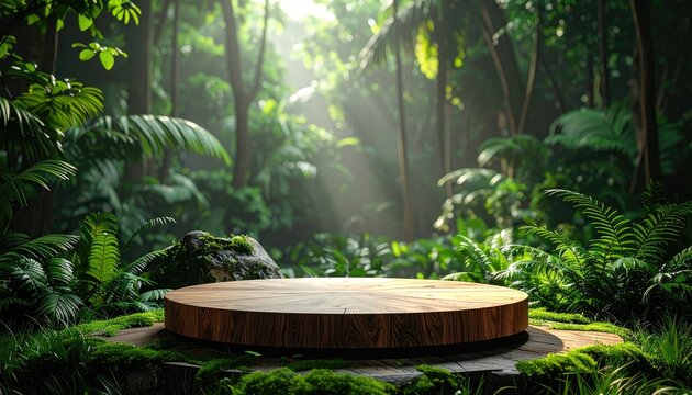 Enchanted Forest Podium Bathed in Golden Sunlight Rays.